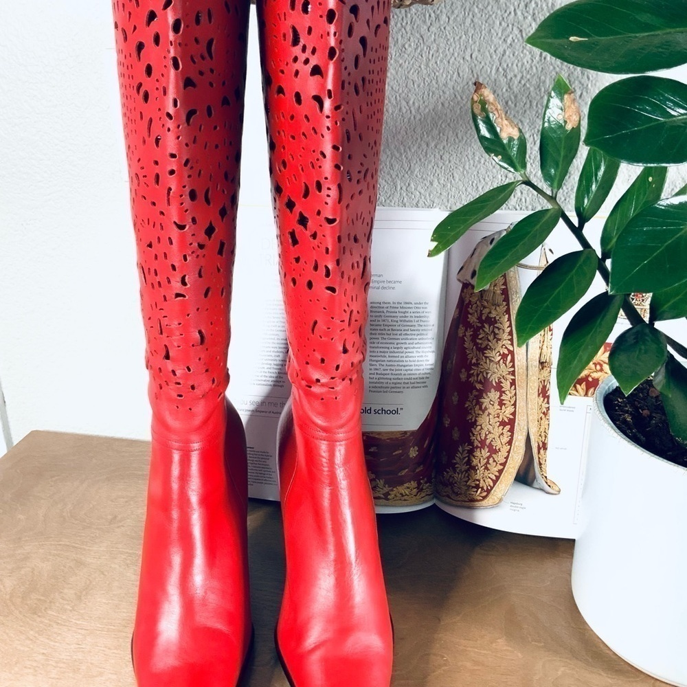 Bellini Celine Red  Leather Women Laser Cut Knee High 3.5"Heel Boots - Picture 2 of 7